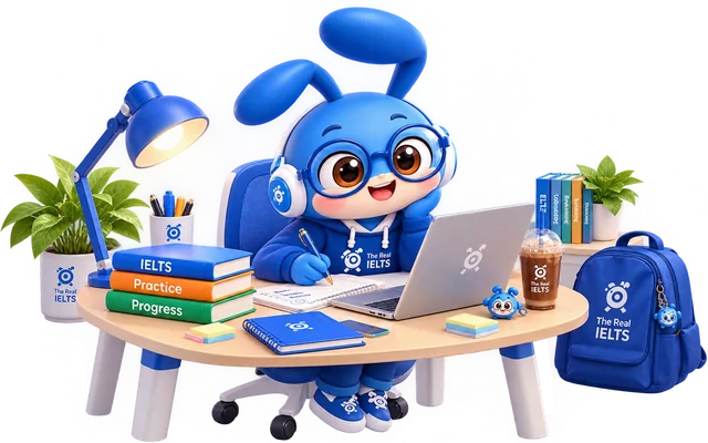 Linh vật kiến The Real IELTS ngồi học bên bàn: laptop, sổ ghi chép và chồng sách IELTS